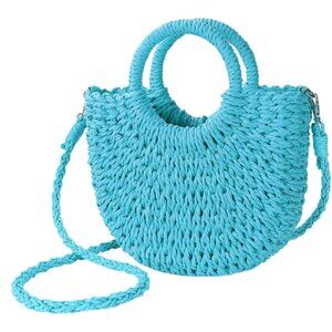 Women's Blue Straw Beach Woven Cross Body Shoulder Top Handle Satchel Handbag